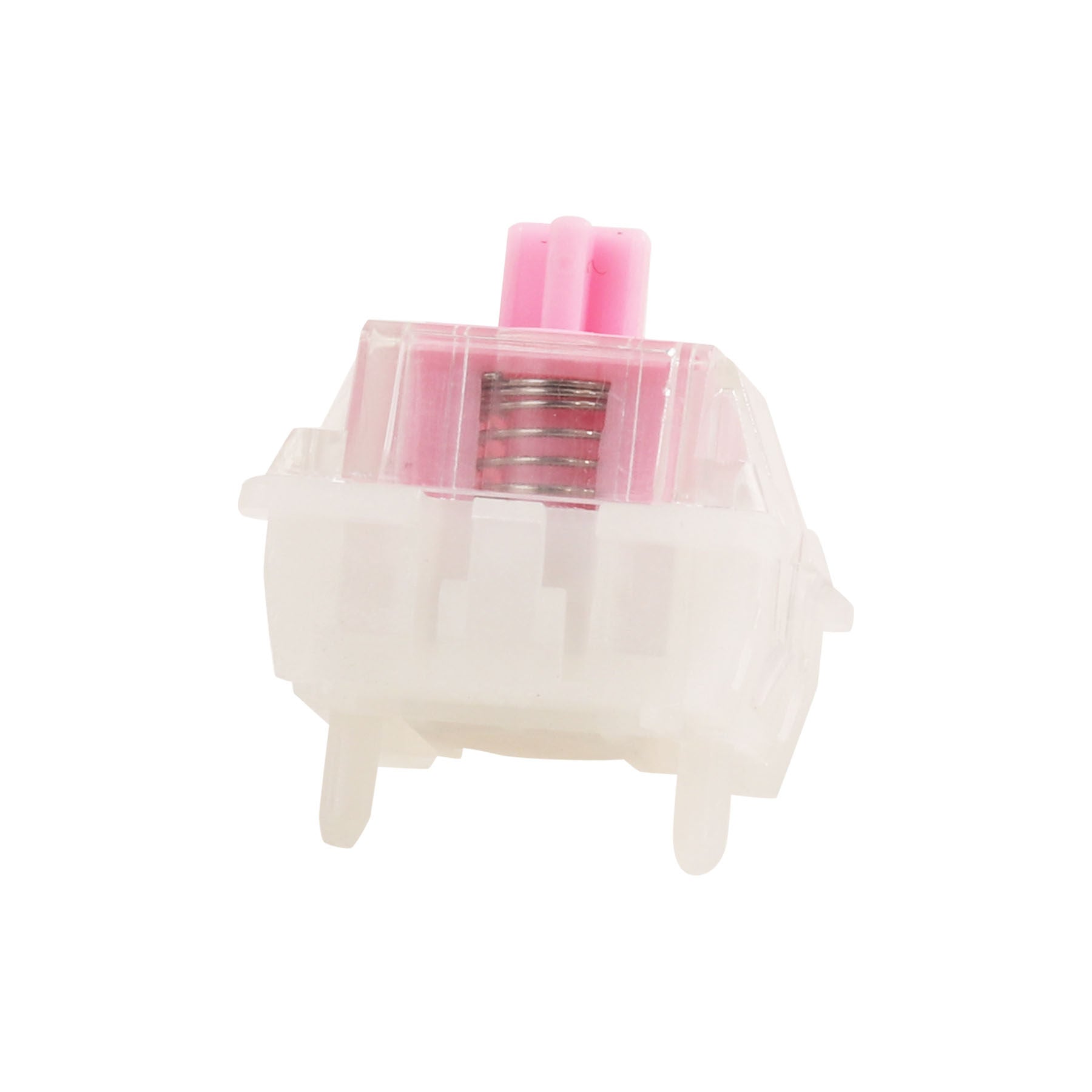 Mechanical keyboard switch with transparent housing and pink actuator stem