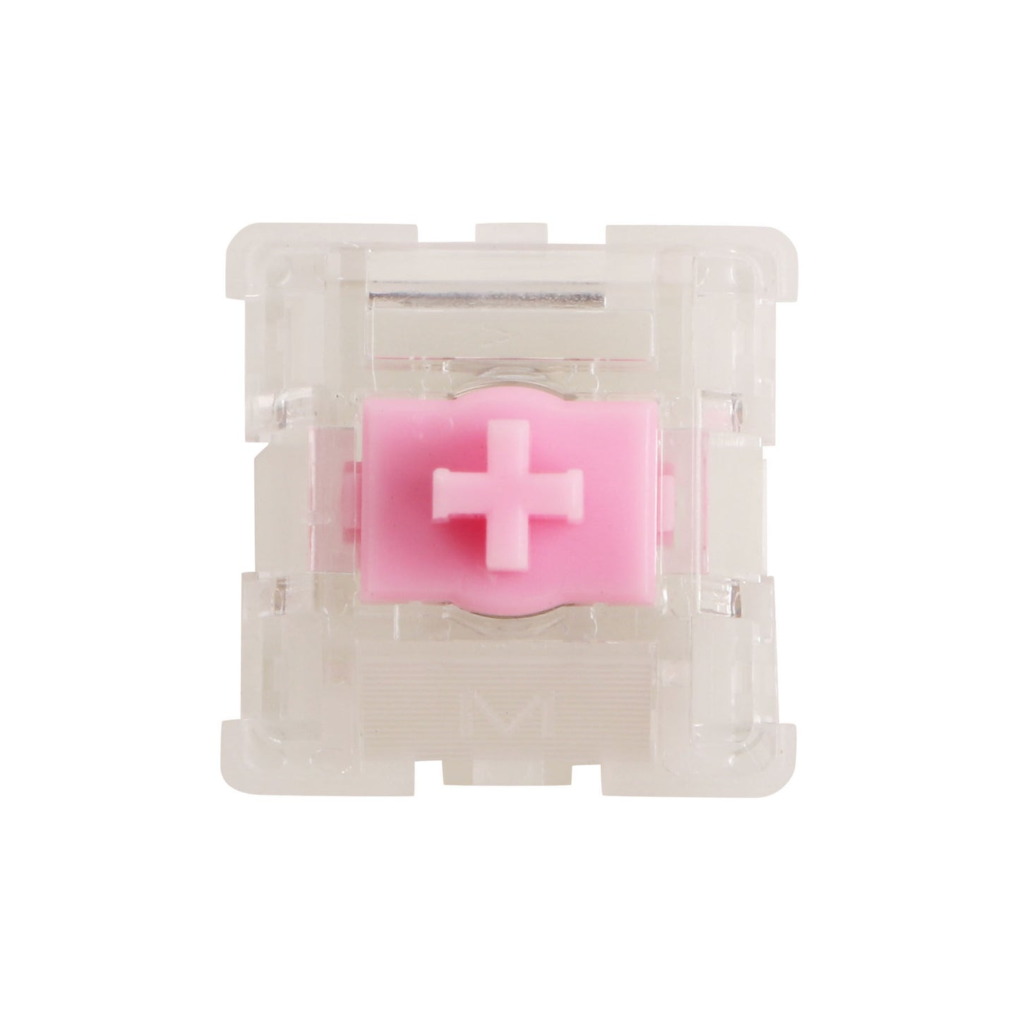 Keyboard switch view with pink cross-shaped actuator in clear housing