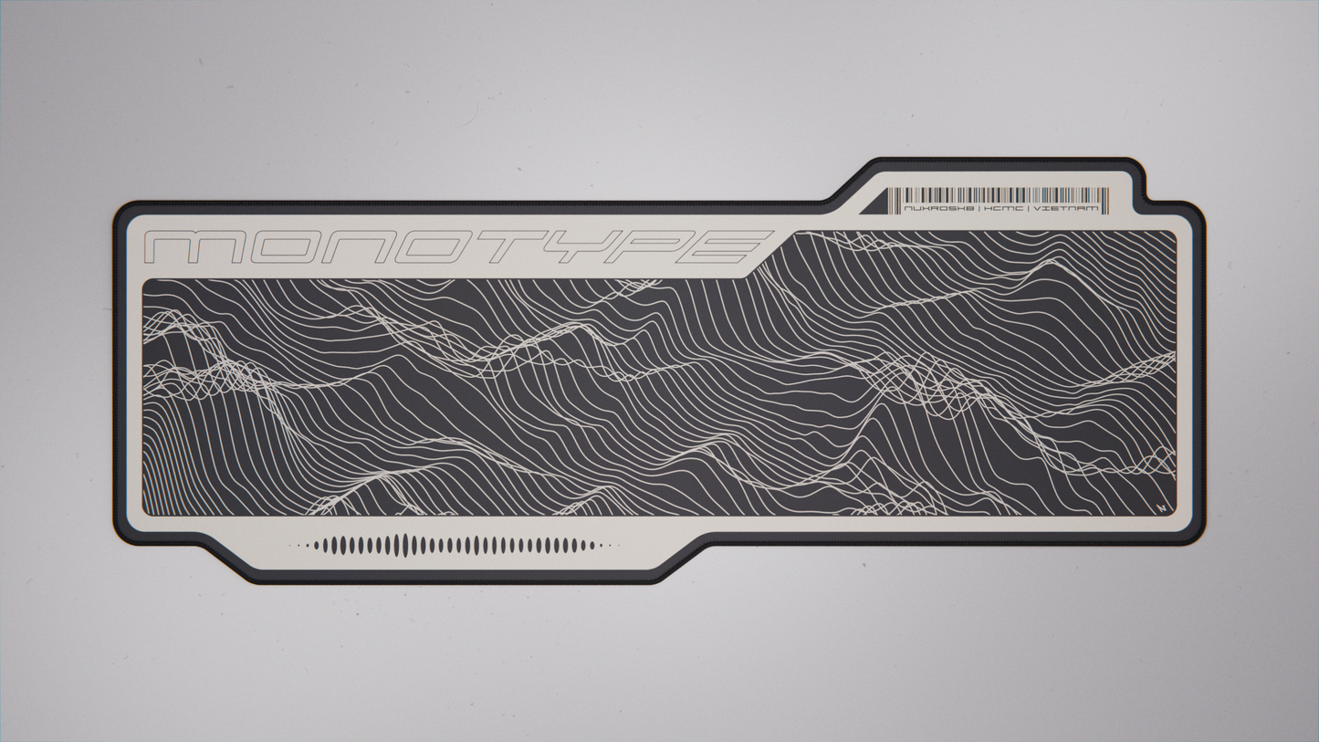 Offwhite desk mat top view with dark topographic line pattern and barcode label area