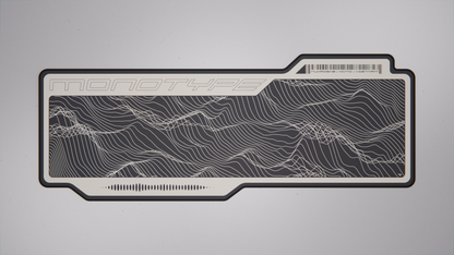Offwhite desk mat top view with dark topographic line pattern and barcode label area