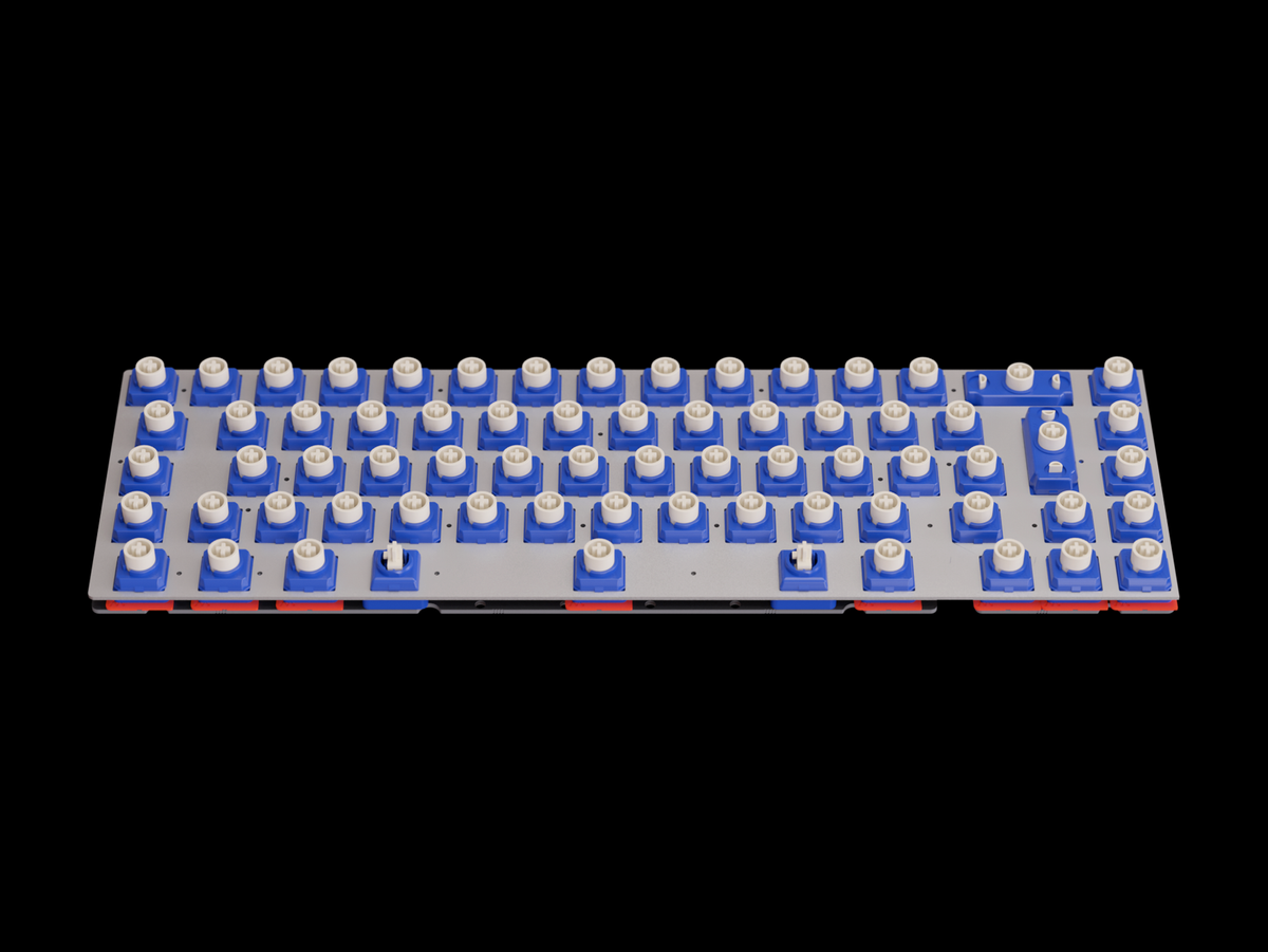 Populated blue circuit board with dense component array and silver posts
