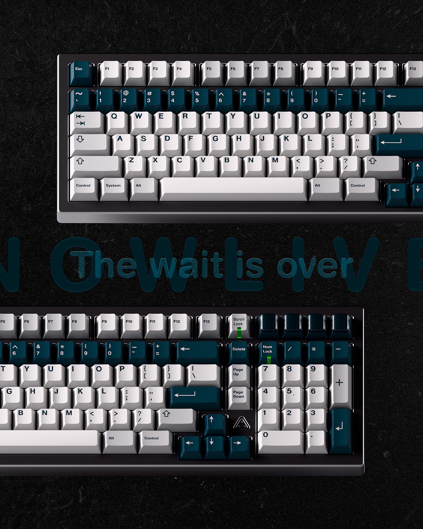 Teal and white mechanical keyboard keycap set with close key view on dark base