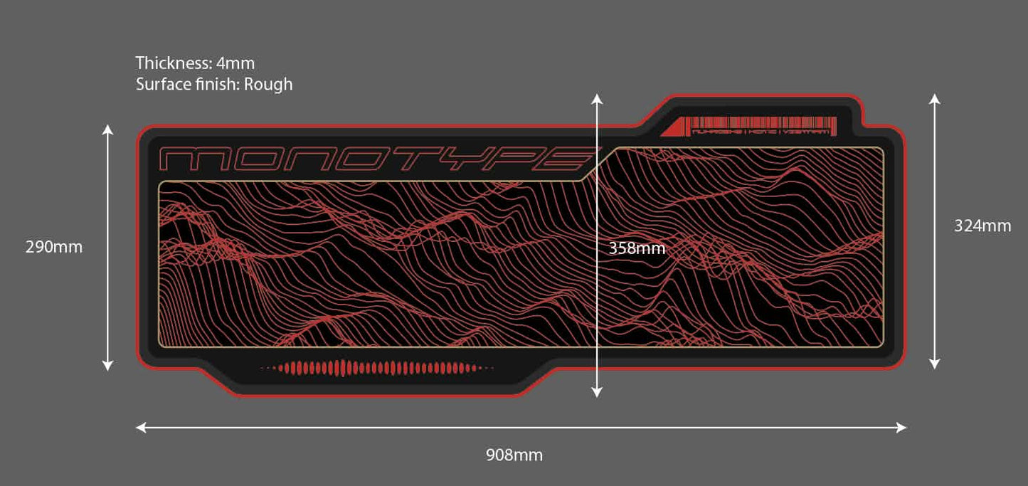 Desk mat size diagram with width and height arrows plus surface finish notes