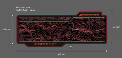 Desk mat size diagram with width and height arrows plus surface finish notes