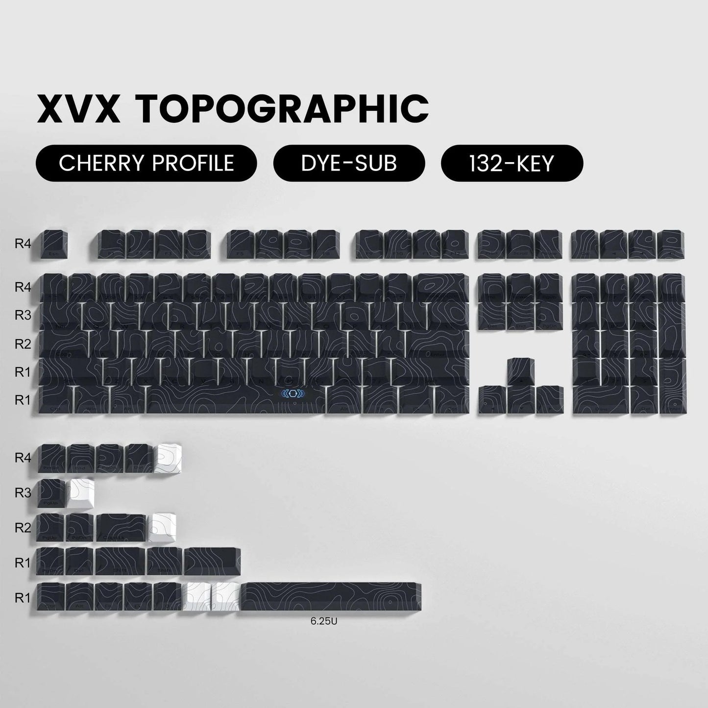 Keycap layout render for topographic set, showing black keys with wireframe pattern