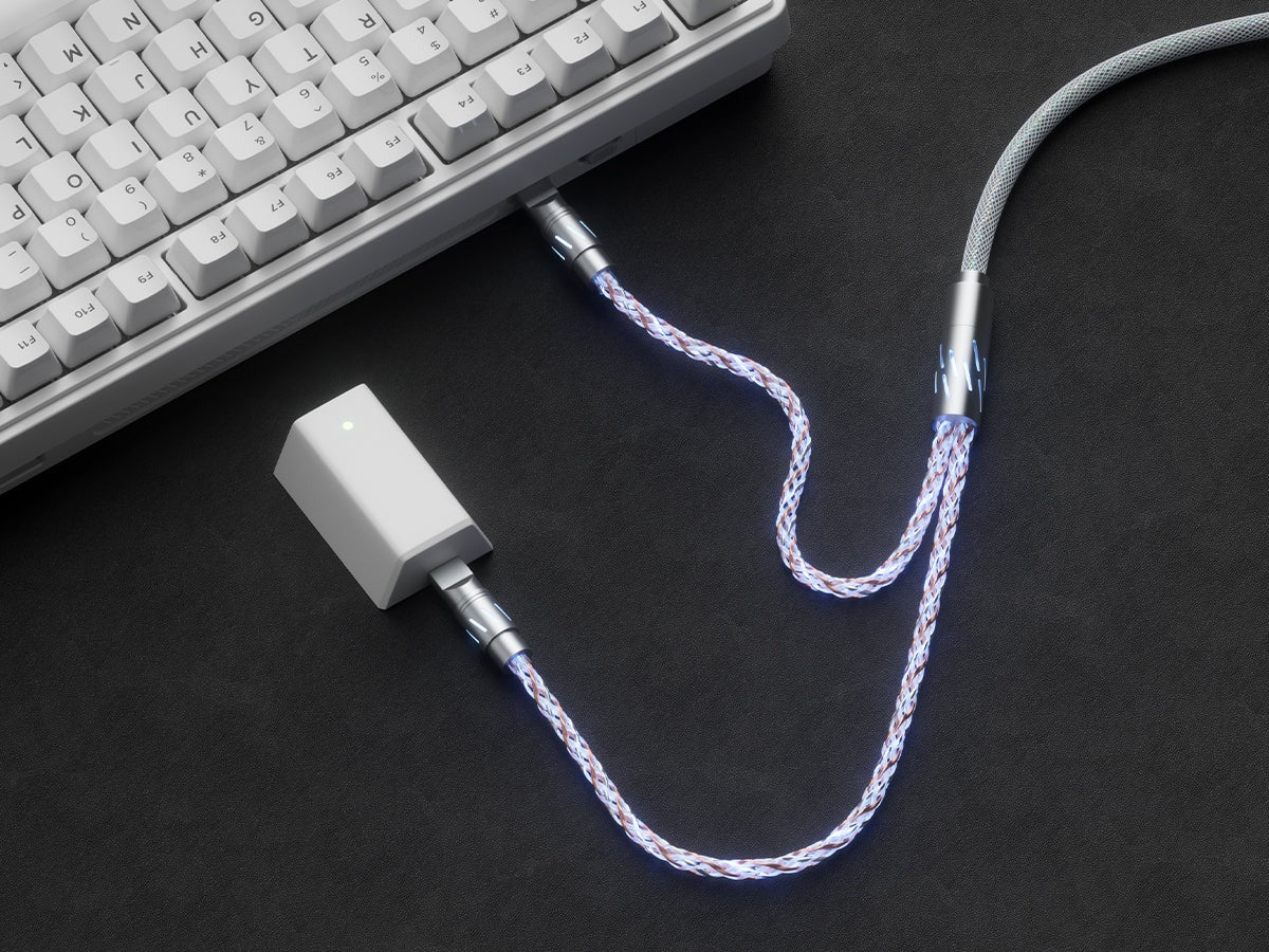 1-to-2 split fabric cable with braided cord and two metal connector ends