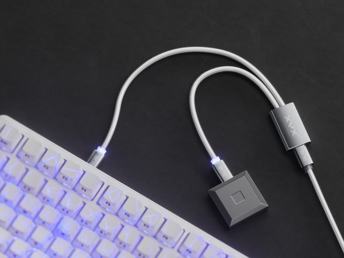 1-to-2 split fabric cable with braided leads and two square metal adapters
