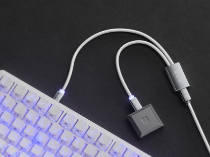 1-to-2 split fabric cable with braided leads and two square metal adapters