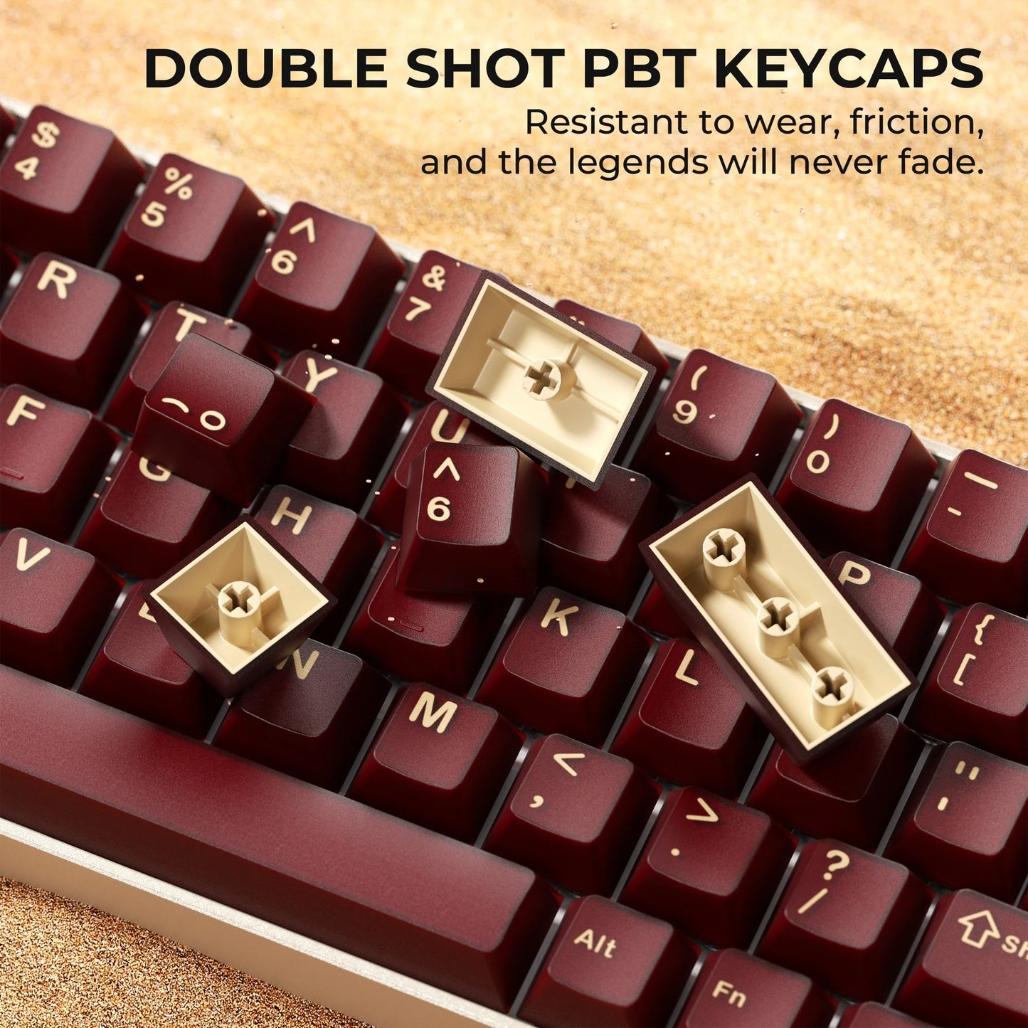Close-up cherry profile keycaps: dark maroon caps with light legends and gold accents