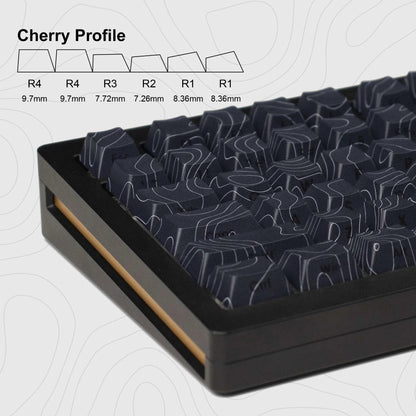 Cherry profile black topographic keycaps with wavy textured lines on a tray
