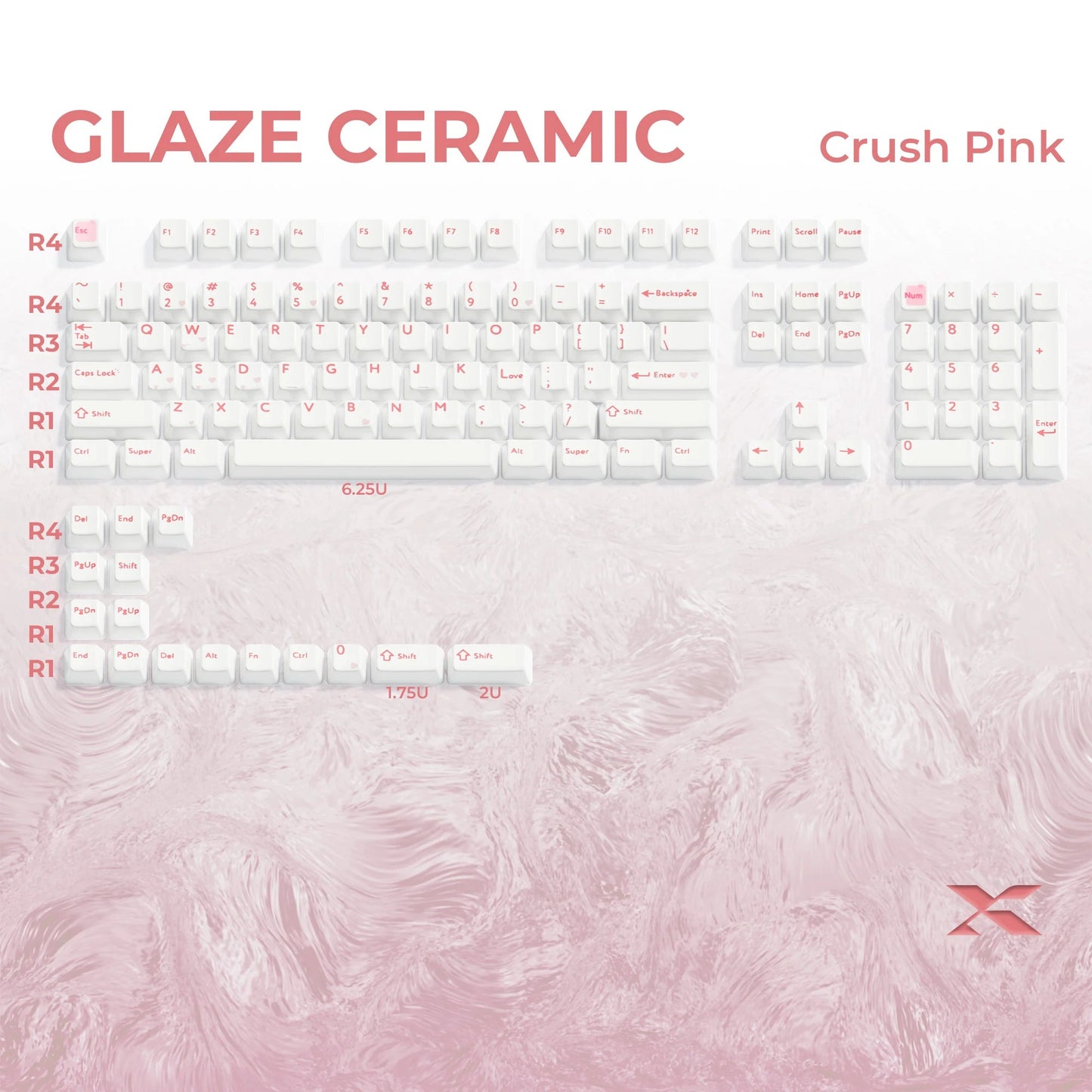 Glaze Ceramic keyboard keycaps with white keys and pink legends, full layout