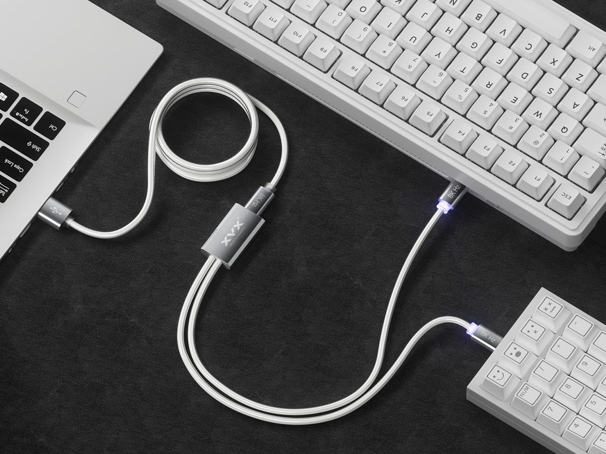 1-to-2 split fabric cable with braided cord and two square metal plug ends