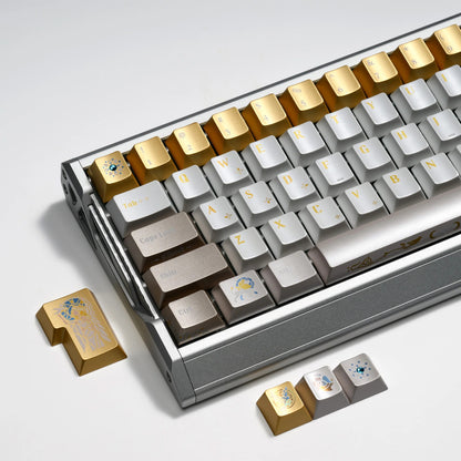 Stained-glass style keyboard keycaps on a frame, alternating gold and silver keycaps