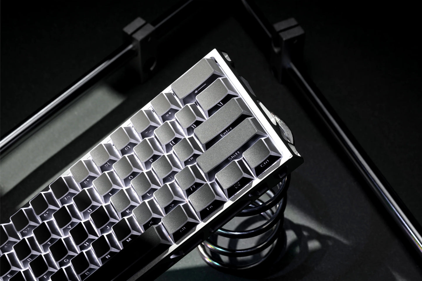 Metallic silver Prism Shadow keycap set with raised prism cube pattern