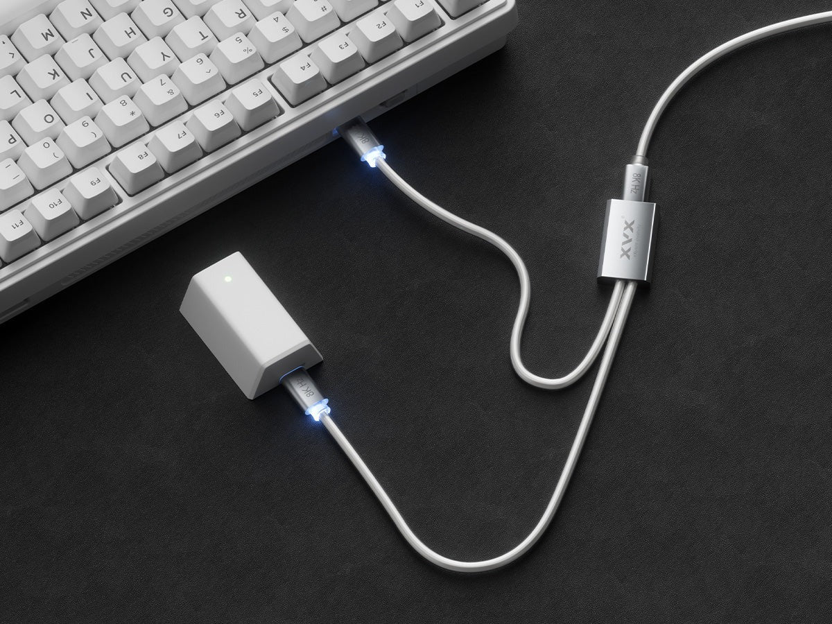 1-to-2 split fabric cable with braided cord and two silver inline connector ends