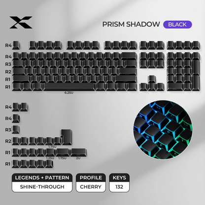 Black Prism Shadow keycap set with cyan-blue backlit geometric pattern