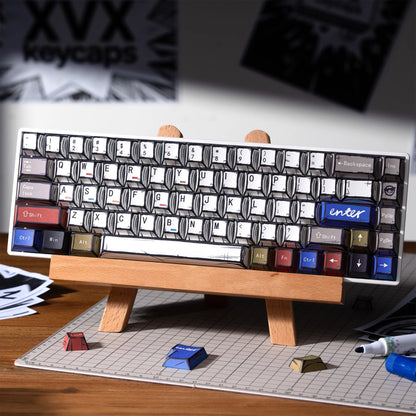 White keycaps with black legends and a blue Enter key, viewed from above
