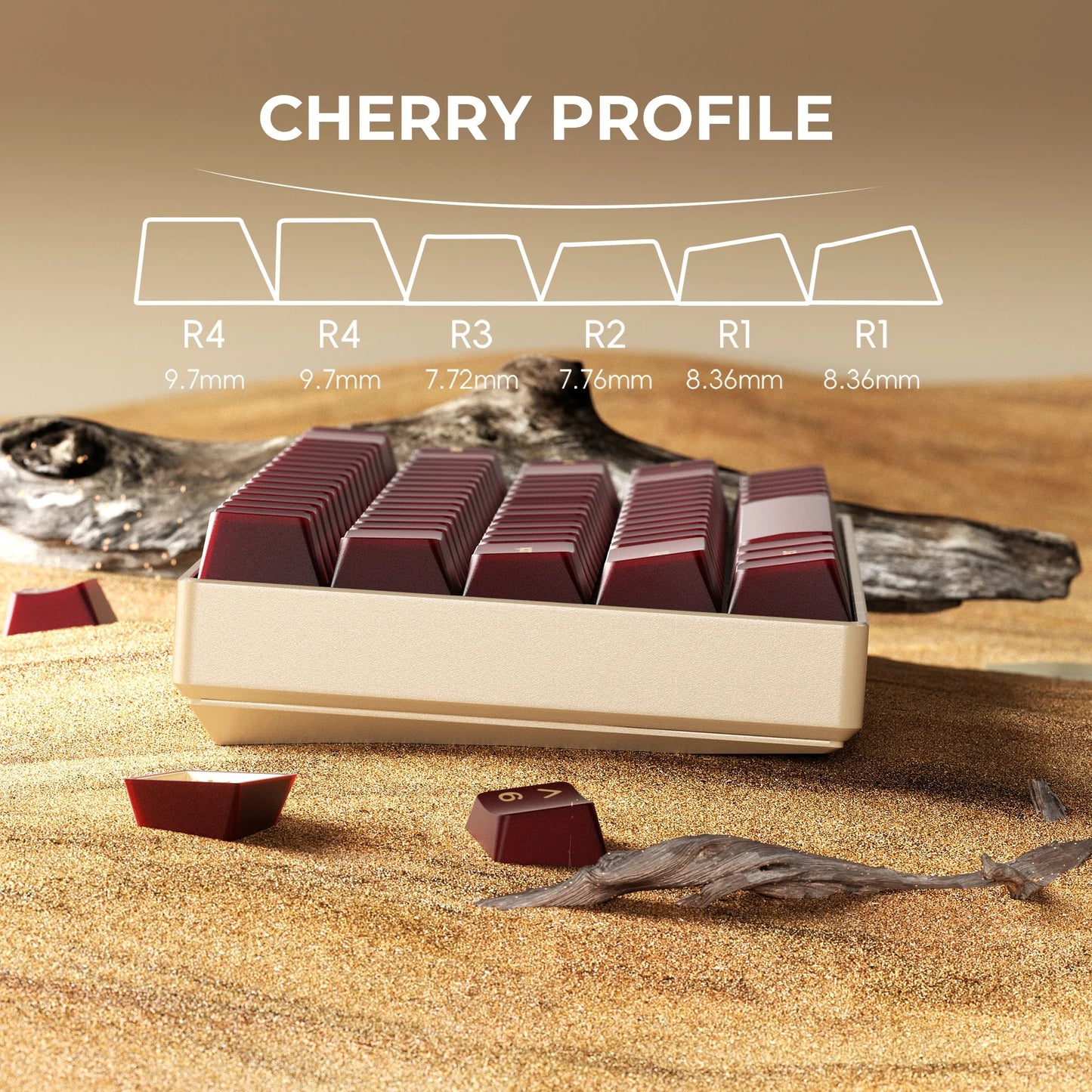 Cherry profile keycaps in cardboard tray with dark maroon caps and white legends