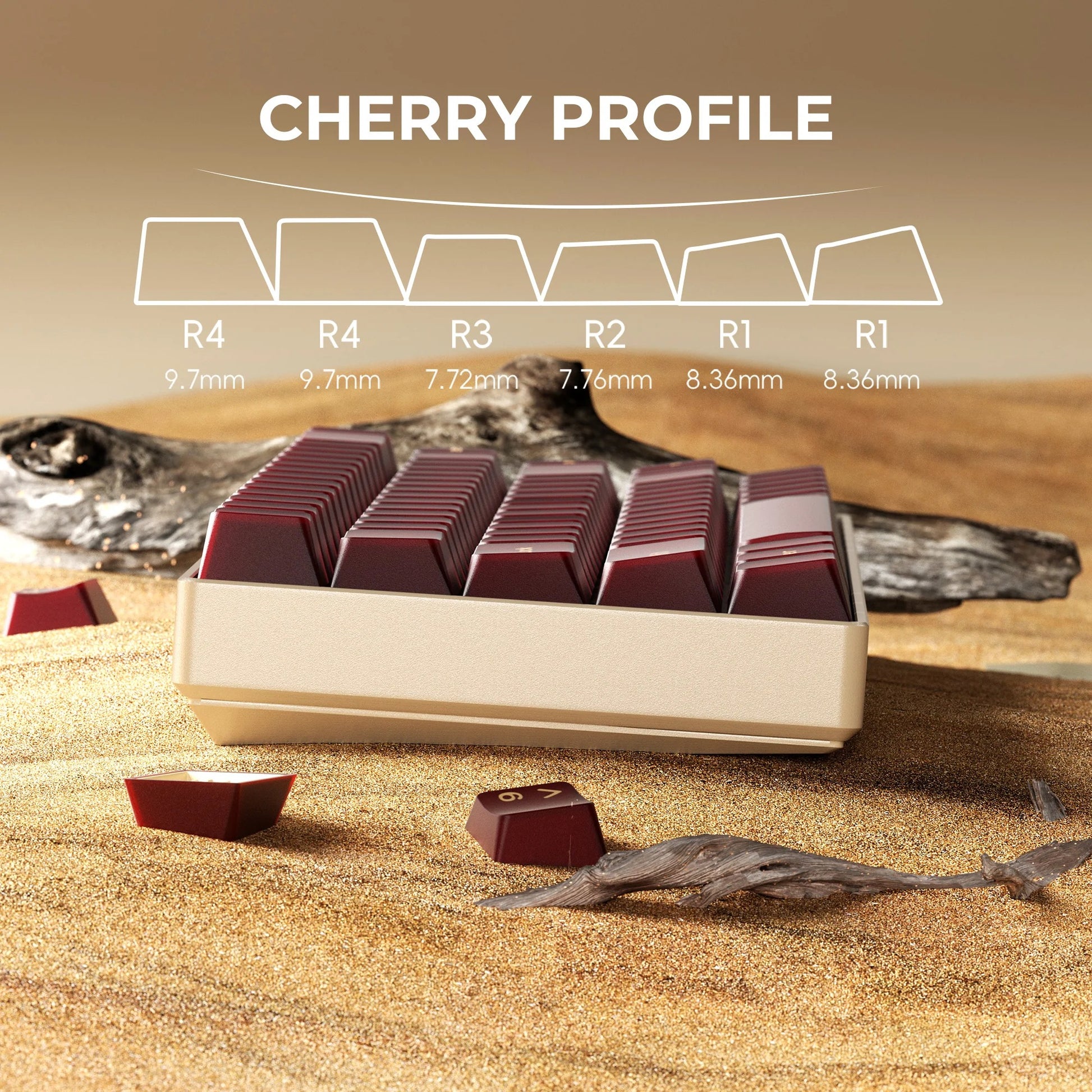 Cherry profile keycaps in cardboard tray with dark maroon caps and white legends