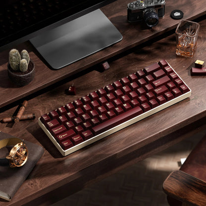 Cherry profile keycaps set with dark cherry-red keys and white legends on keyboard