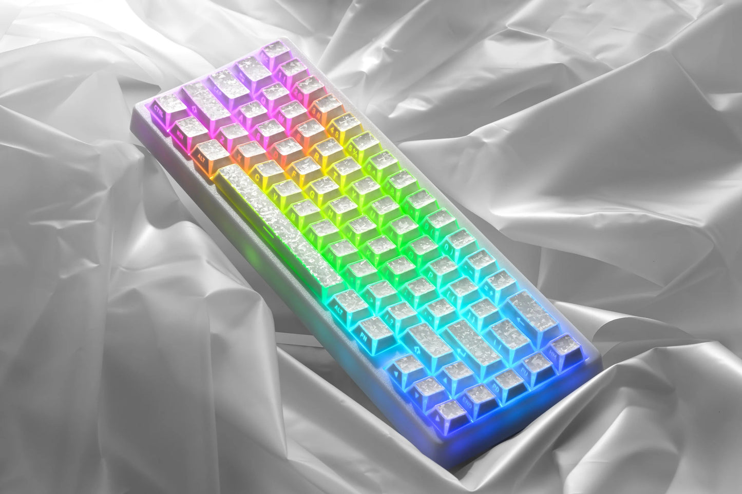 Prism forged carbon keycaps with purple-green-blue RGB lighting on white caps