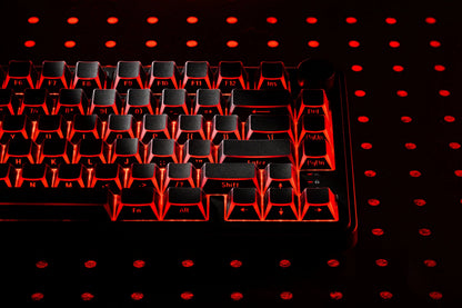 Dark Prism Shadow keycap set with strong red backlit geometric pattern