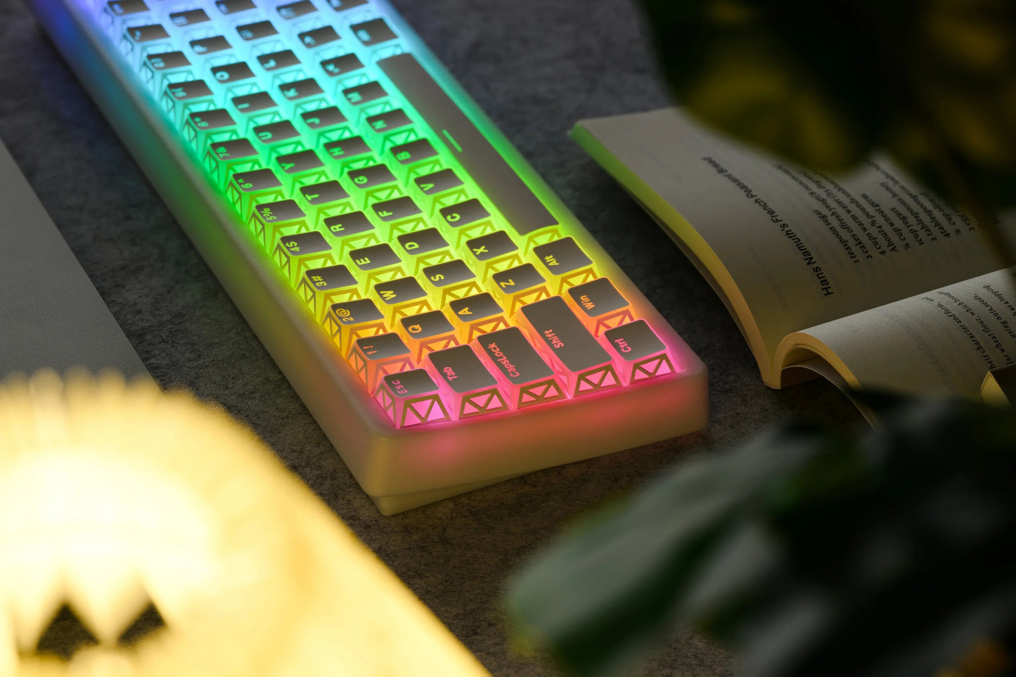 White prism refraction keyboard with RGB rainbow backlighting on sculpted keys