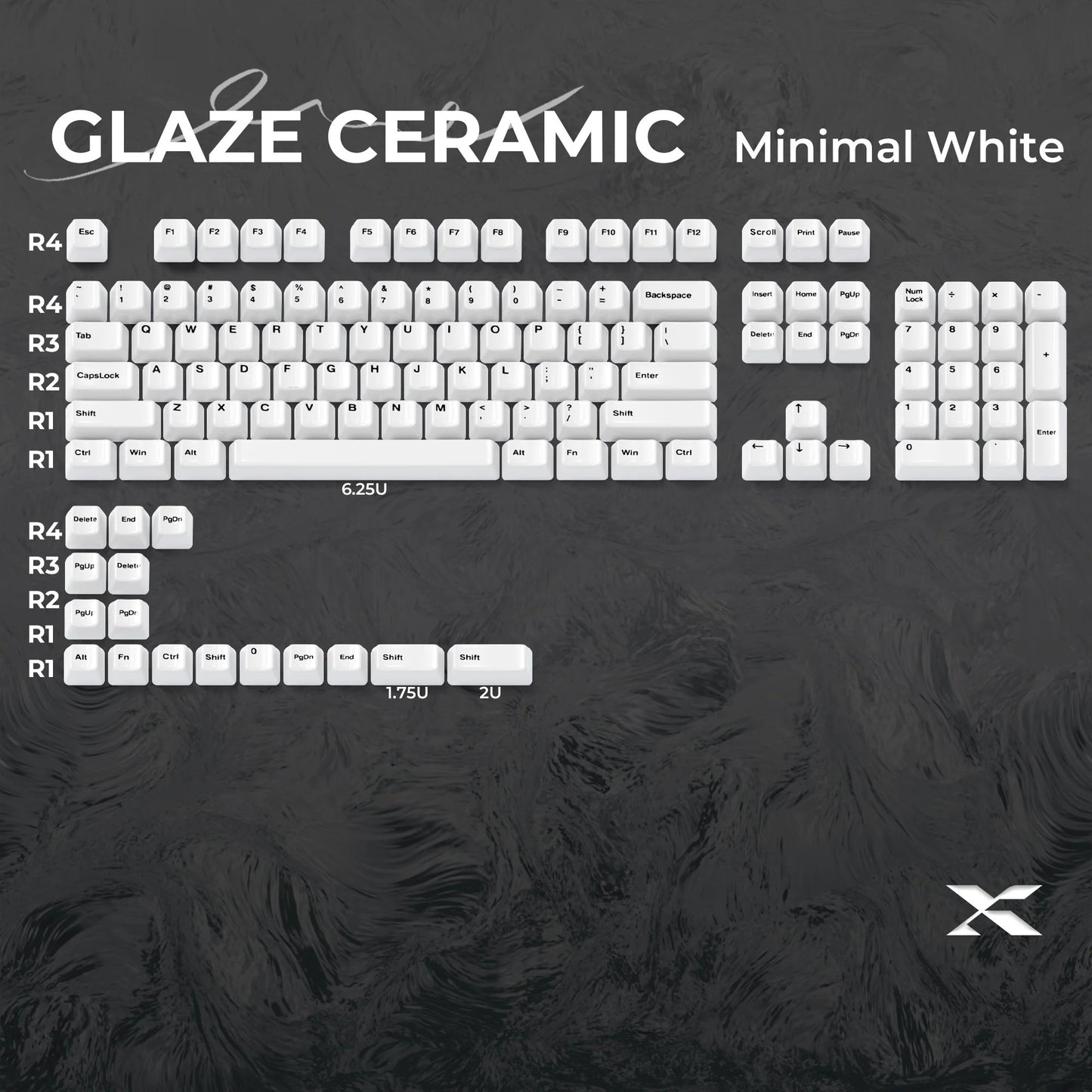 Glaze Ceramic keyboard keycaps, minimal white layout with white legends