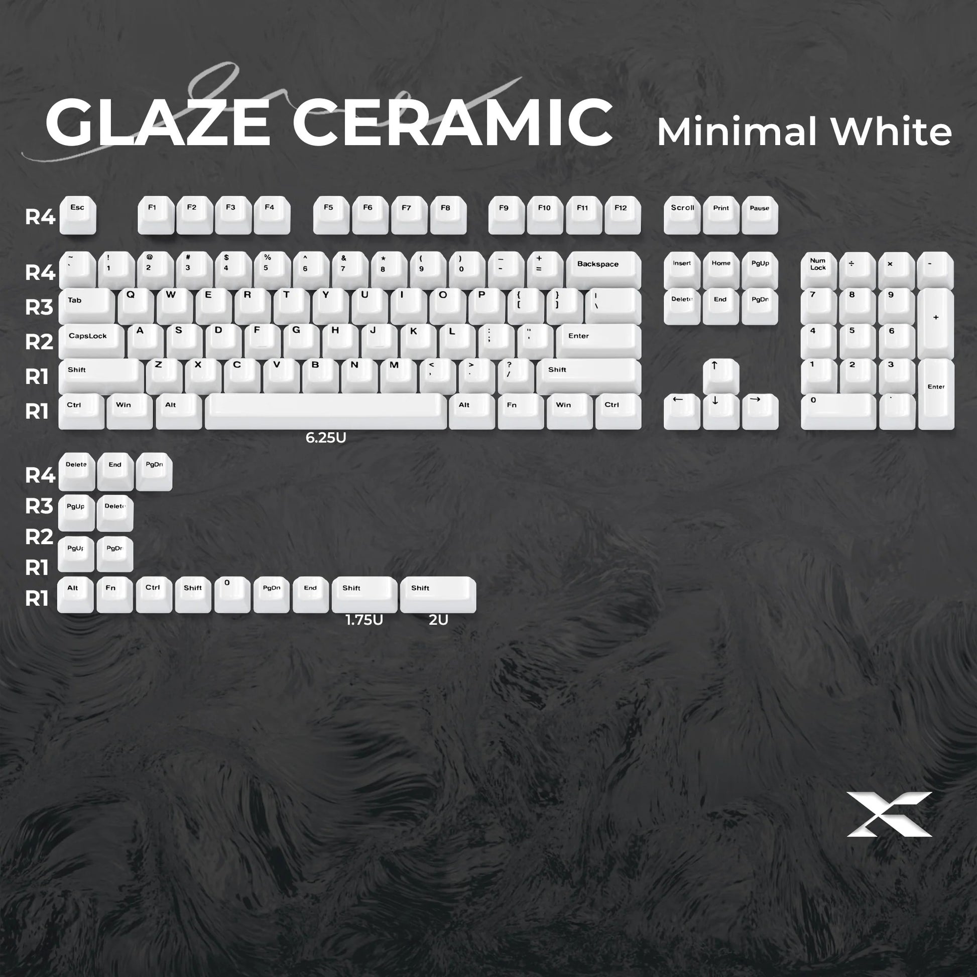 Glaze Ceramic keyboard keycaps, minimal white layout with white legends