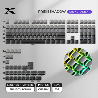 Grey gradient Prism Shadow keycap set with teal-green backlit geometric pattern