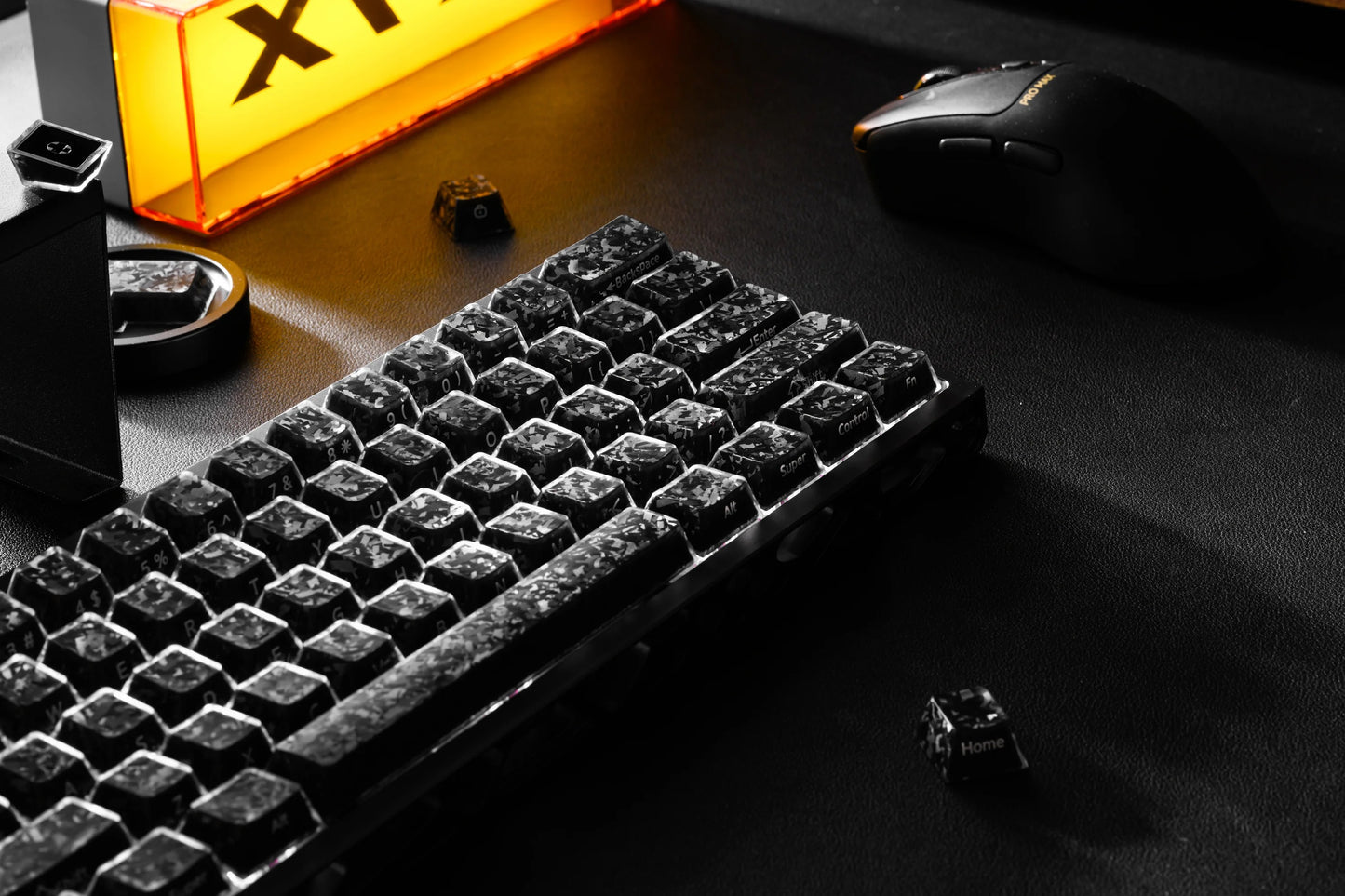 Mechanical keyboard with black textured keycaps in a grid layout