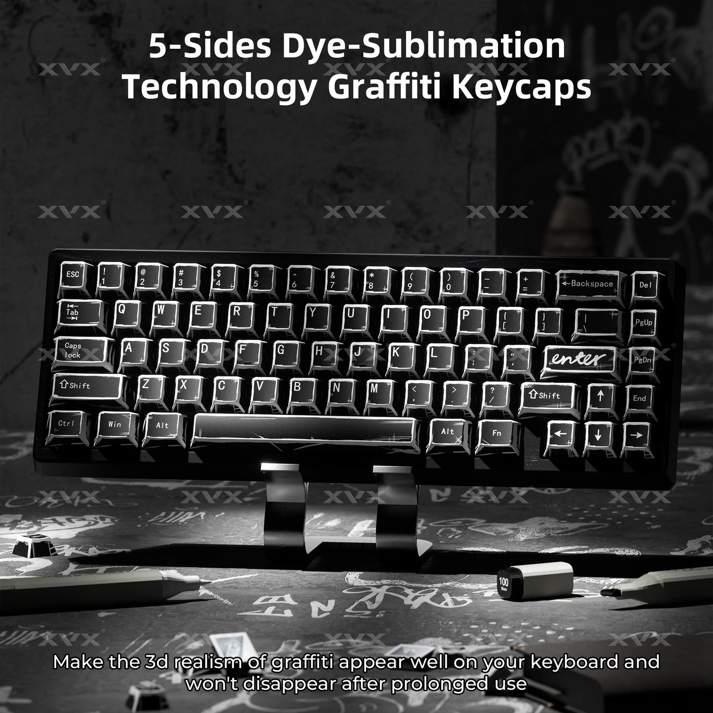 Black keycaps with white legends across a keyboard layout, 5-side dye-sublimation