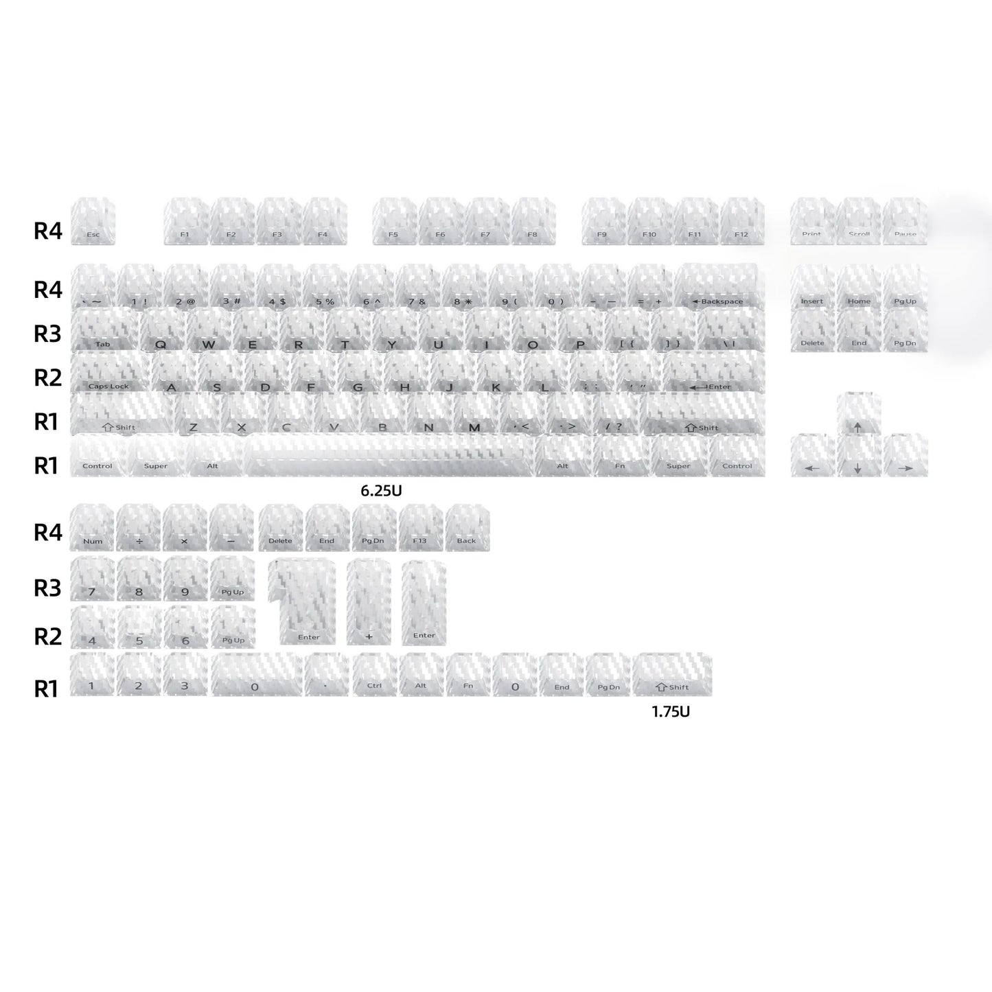 White prism forged carbon keycap layout diagram with sizing labels and key rows