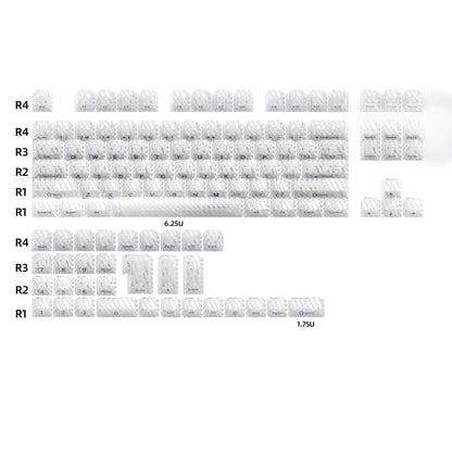 White prism forged carbon keycap layout diagram with sizing labels and key rows