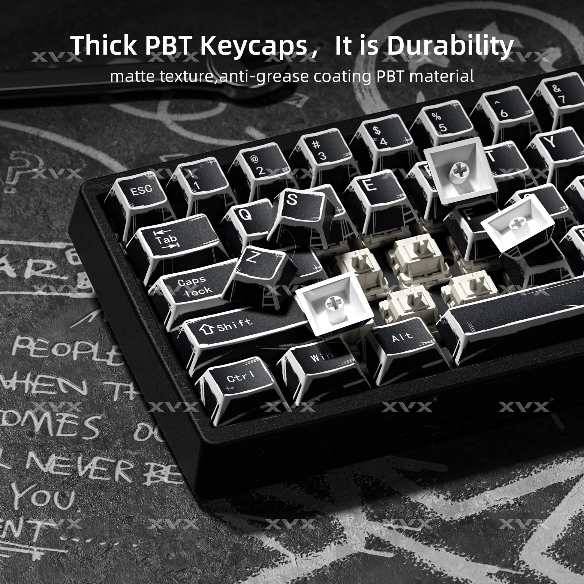 Black mechanical keyboard keycaps with white legends, arranged on a keycap set