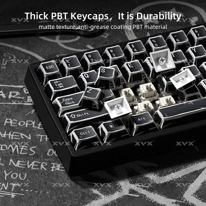 Black mechanical keyboard keycaps with white legends, arranged on a keycap set