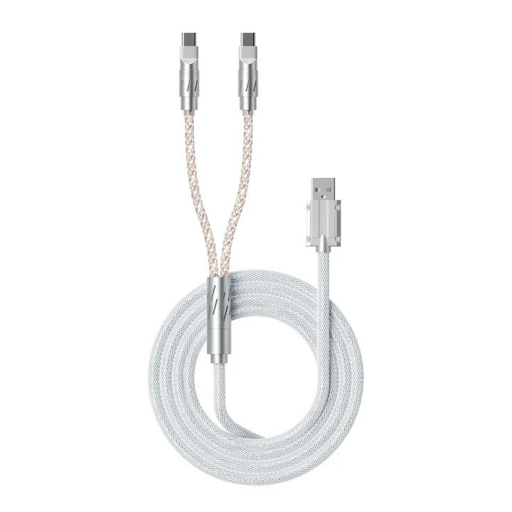 1-to-2 split fabric cable with coiled braided cord and silver connector plugs