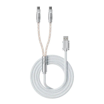 1-to-2 split fabric cable with coiled braided cord and silver connector plugs