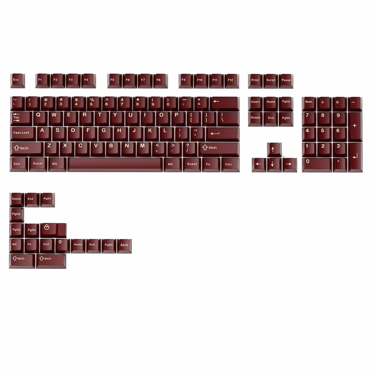 Cherry profile keycaps set layout with dark maroon keys and white legends, grid view