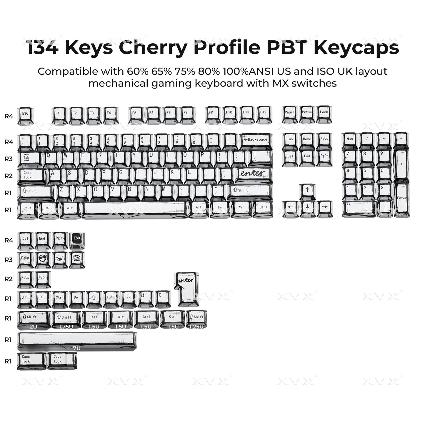 134 cherry-profile PBT keycaps, white and dark legends on an angled layout
