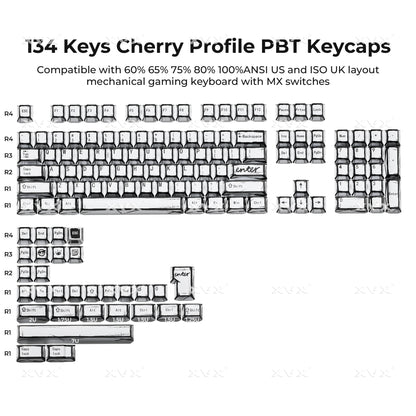 134 cherry-profile PBT keycaps, white and dark legends on an angled layout