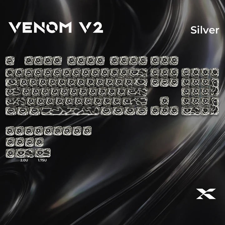 Silver keycap set with glossy black switches, labeled letters and symbols