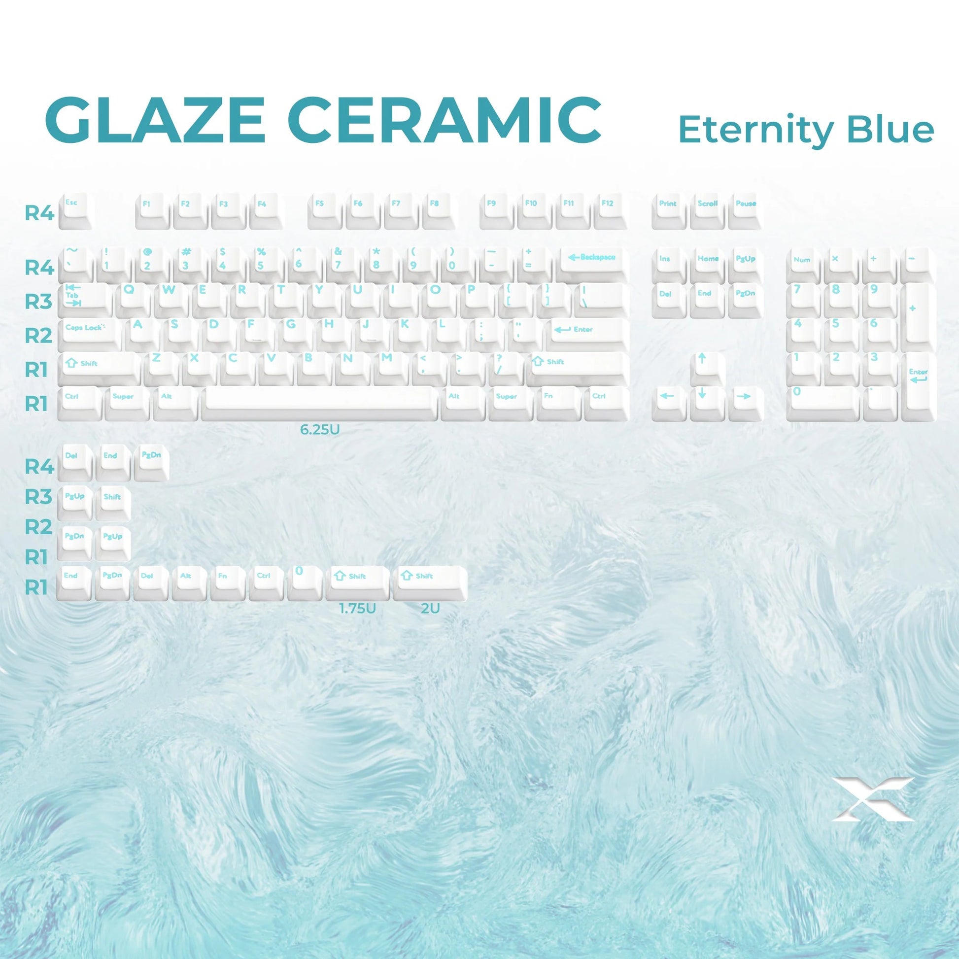 Glaze Ceramic keyboard with white keycaps and light blue legends, full layout