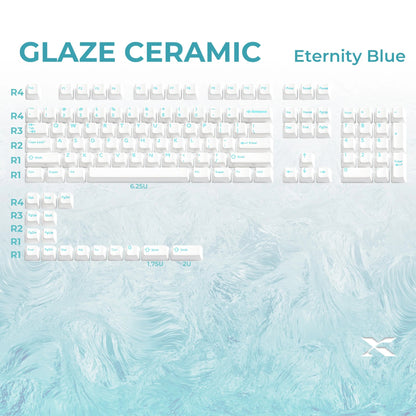 Glaze Ceramic keyboard with white keycaps and light blue legends, full layout