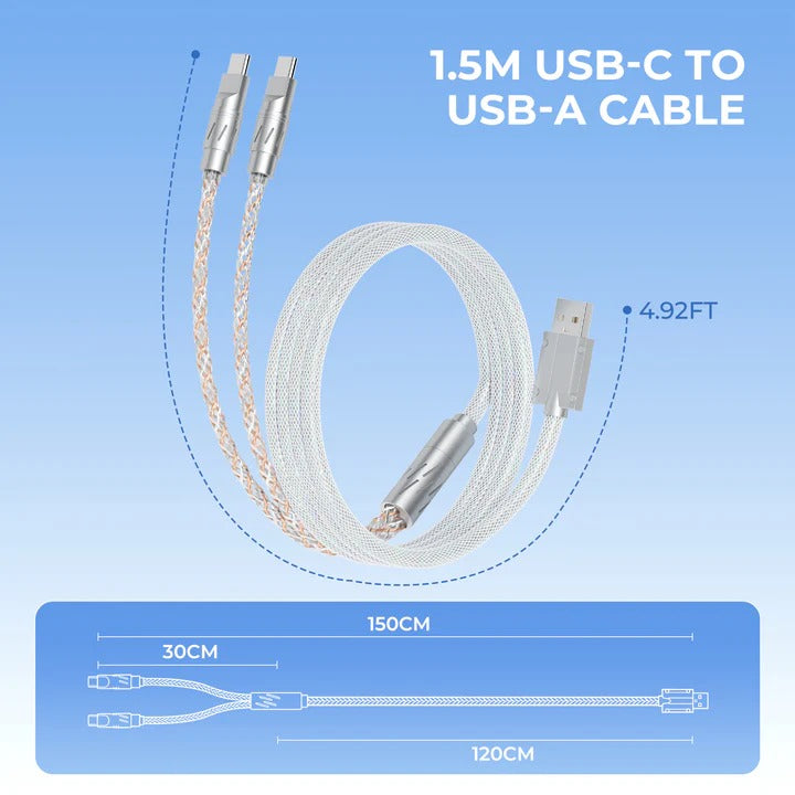 1-to-2 split fabric cable with braided cord and silver USB-style plug connectors