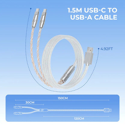 1-to-2 split fabric cable with braided cord and silver USB-style plug connectors