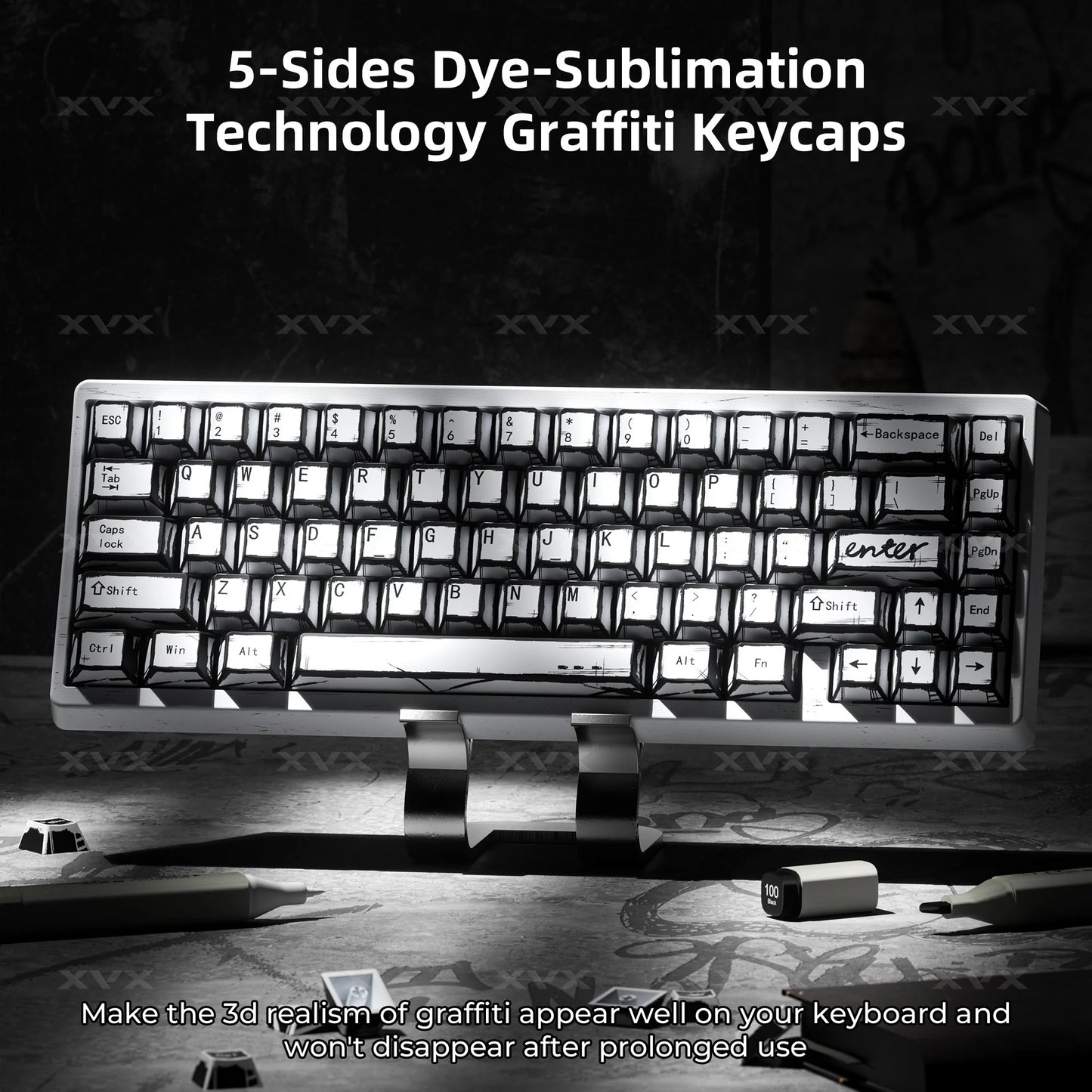 Black keycaps with white legends on a full keyboard, graffiti-inspired 5-side dye-sublimation