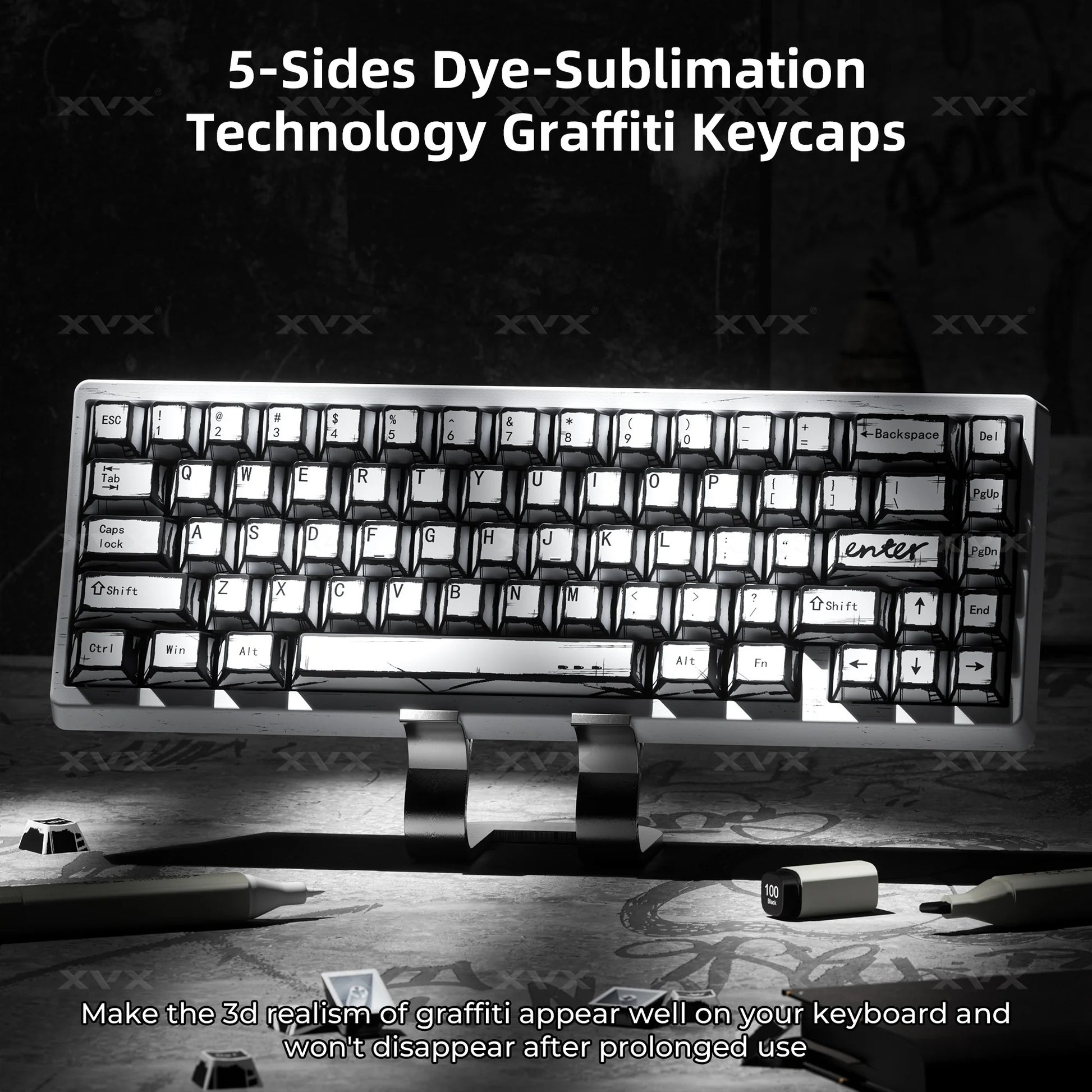 Black keycaps with white legends on a full keyboard, graffiti-inspired 5-side dye-sublimation