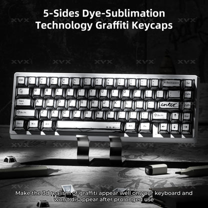 Black keycaps with white legends on a full keyboard, graffiti-inspired 5-side dye-sublimation