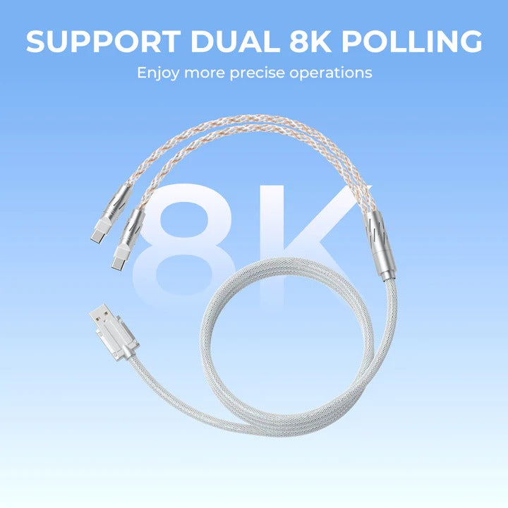 USB split cable with dual connectors and braided metal-silver leads